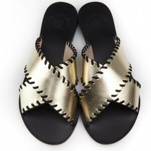 Gold Metallic slide Sandals with Black Stitch Detail